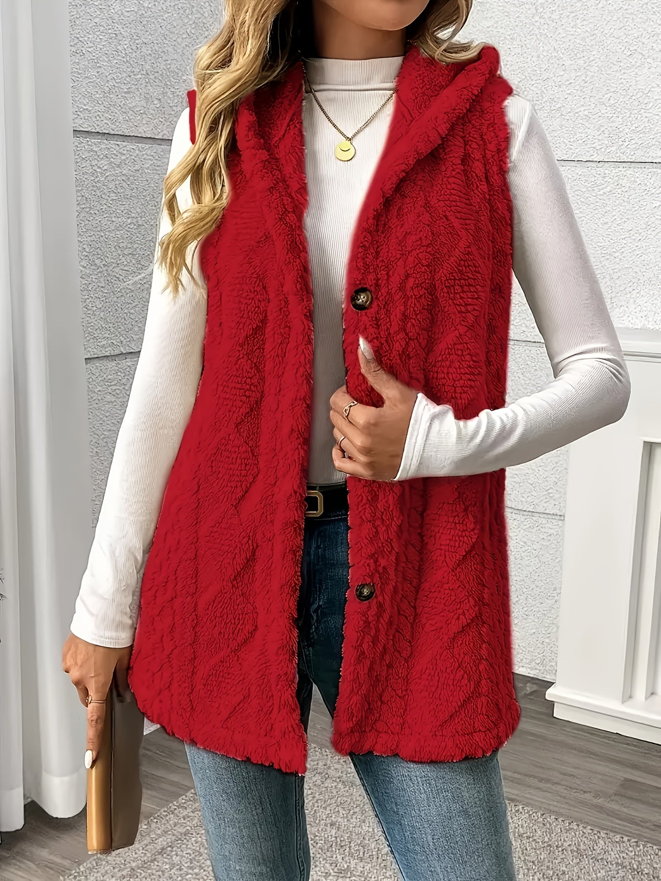 Women's Sleeveless Hooded Vest Solid Color Plush Texture Button Fall Winter Knit Fabric