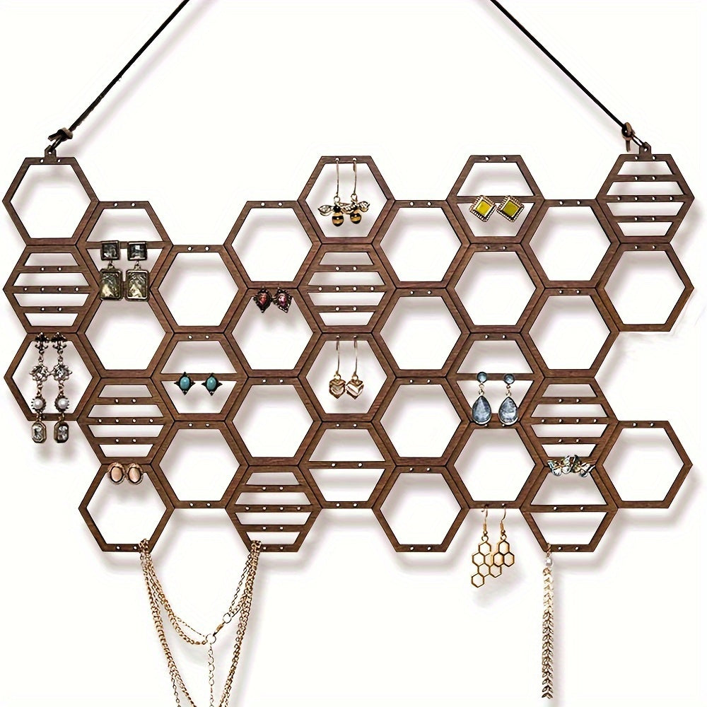 Wooden Jewelry Organizer Wall Mount Honeycomb Design Earring Necklace Display Rack