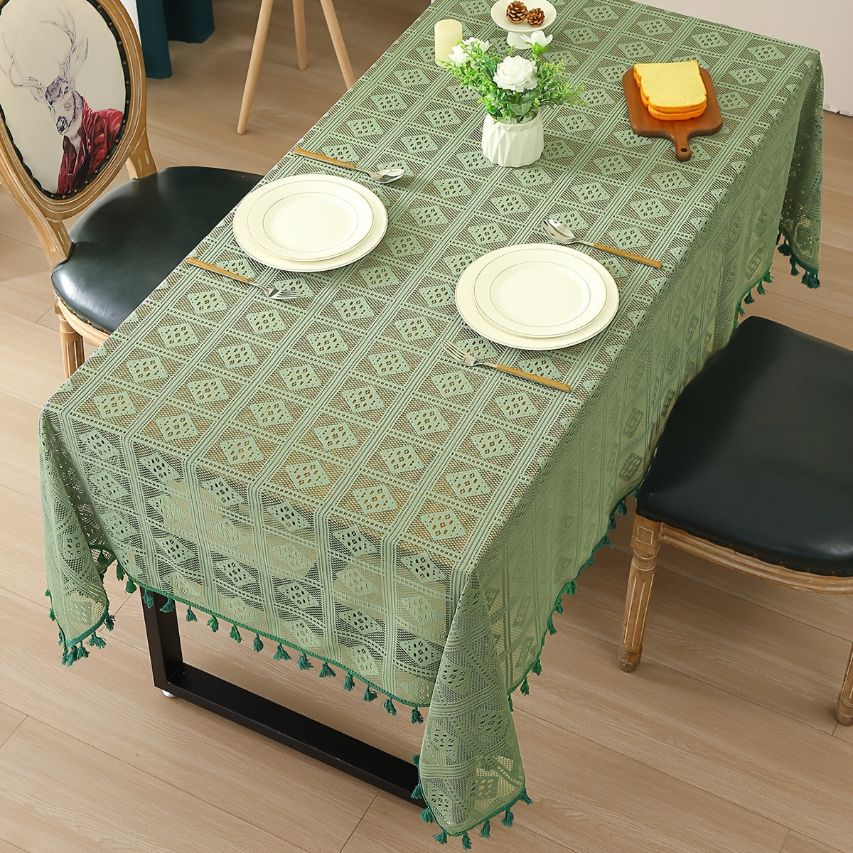 Beige Crochet Tablecloth with Tassels for Home and Party Table Settings