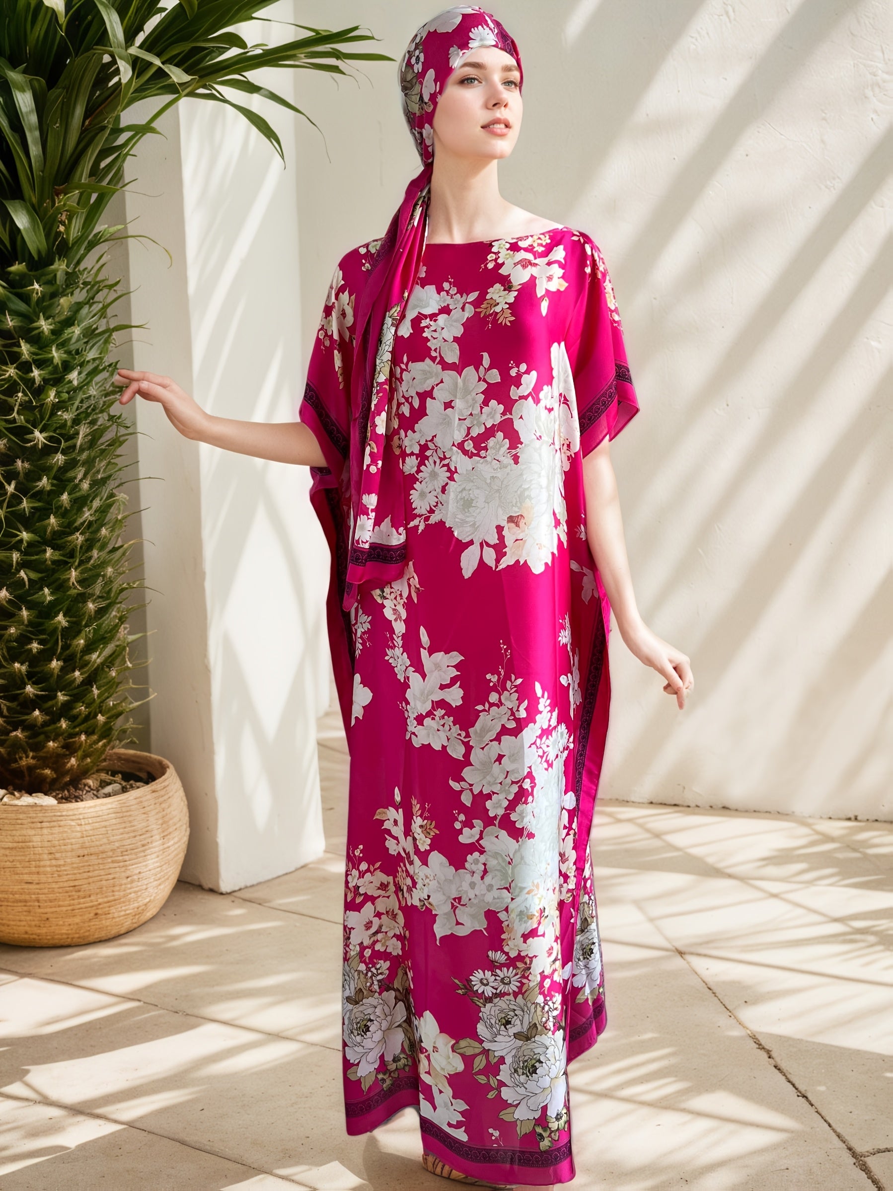 Plus Size Floral Maxi Dress with Scarf Women’s Loose Fit Long Sleeve All Season