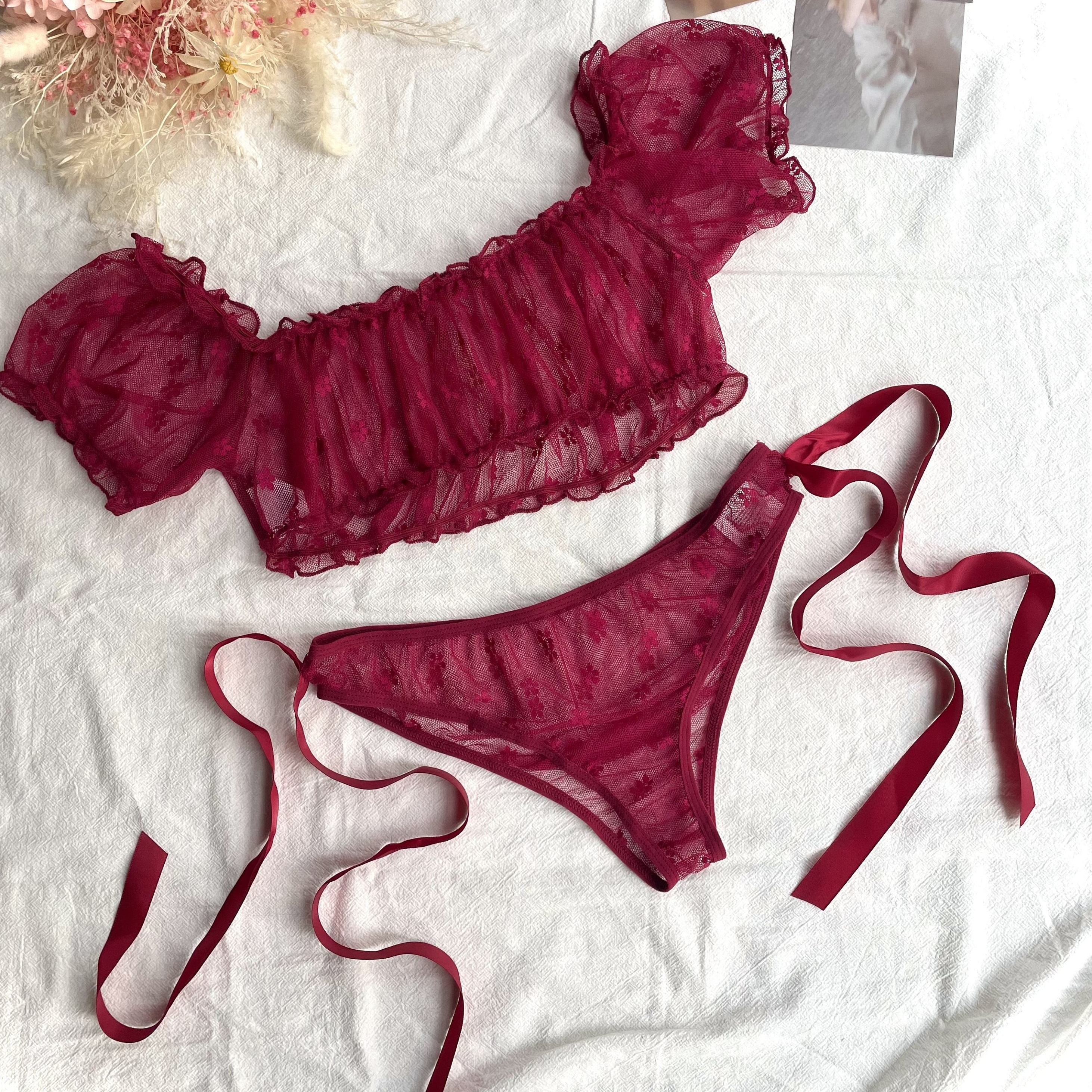 Women's Red Lace Lingerie Set with Off-Shoulder Bra and Low-Rise Panties