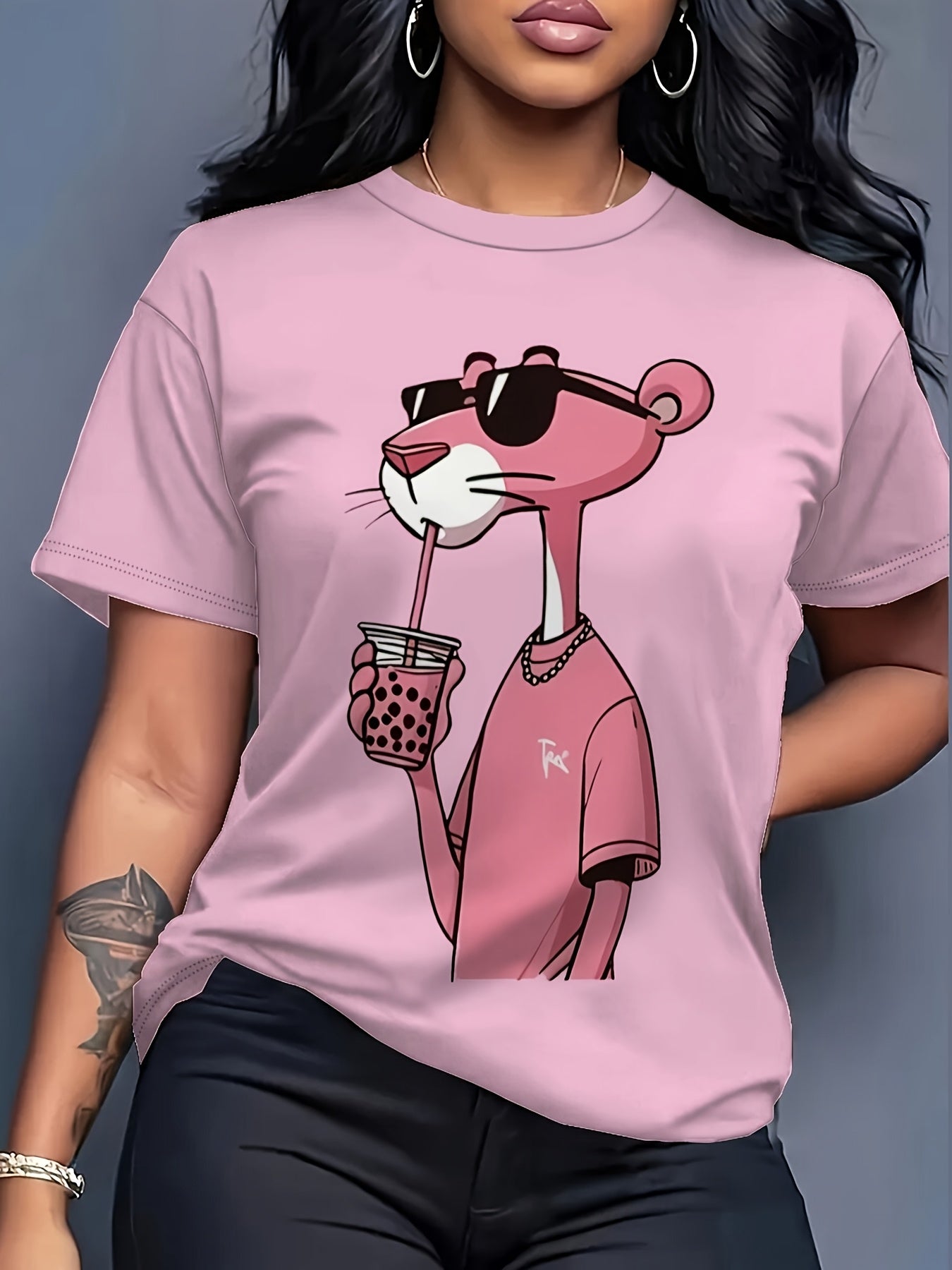 Plus Size Women's Pink Panther Graphic T-Shirt Casual Short Sleeve Comfortable