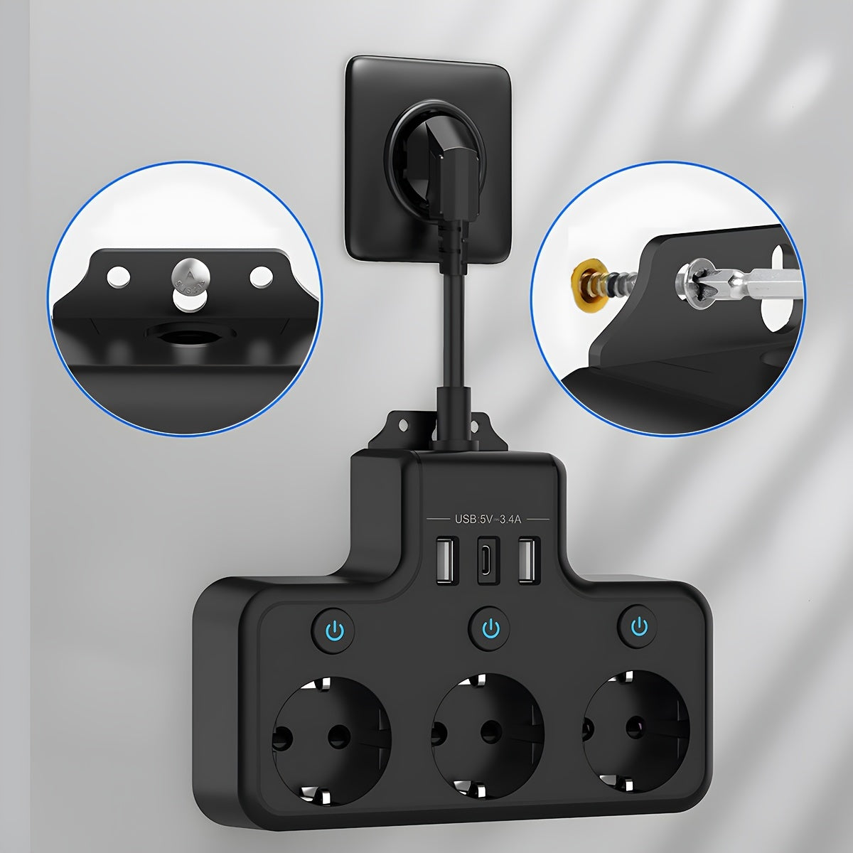 Wall-Mounted Power Strip with USB-C and Dual USB Ports for Home Office Space Saving