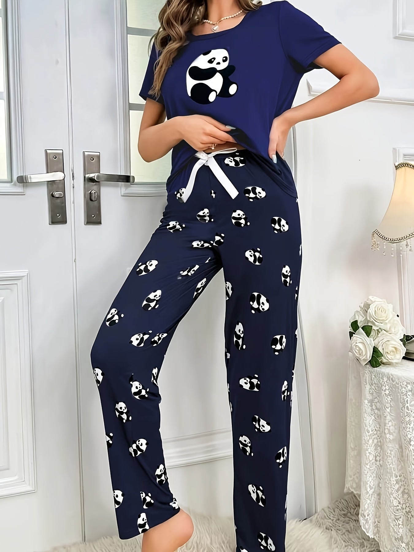 Adult Panda Print Pajama Set with Cartoon Pattern, 100% Polyester, Fall Casual Sleepwear