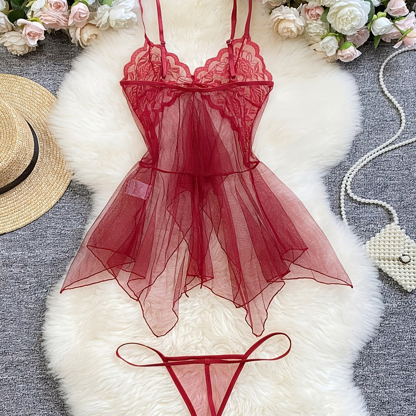 Women Sheer Mesh Lace Halter Dress and Thong Lingerie Set