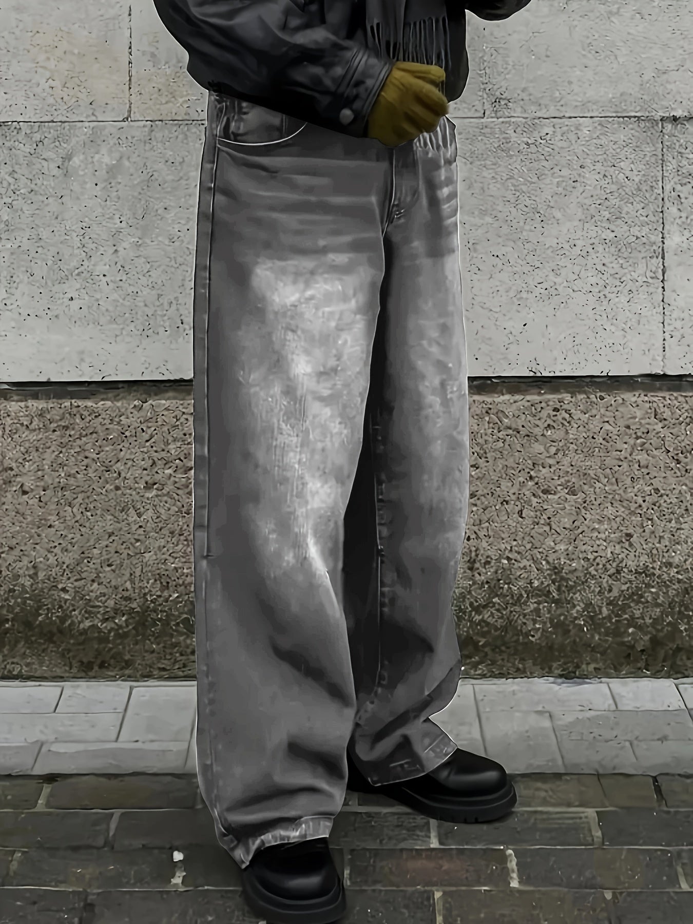 Men's Extra Long Loose Fit Denim Jeans with Geometric Pattern Cotton Blend Non Stretch Fabric Zipper Fly All Season