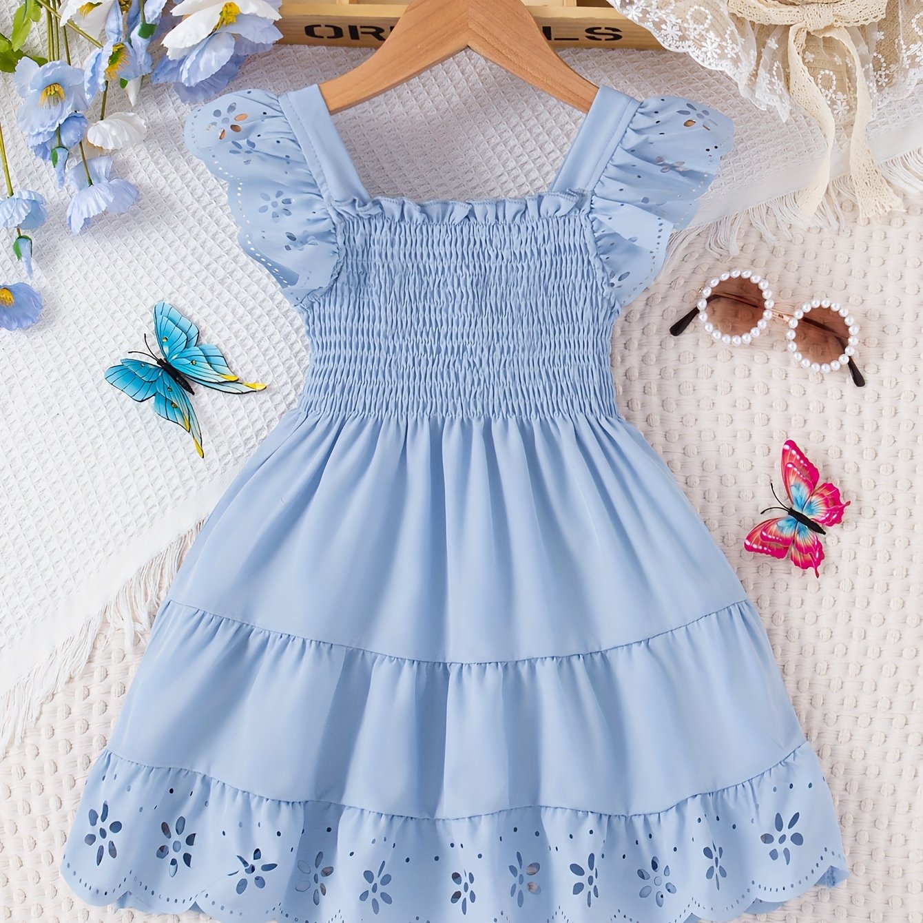 Girls Summer Solid Ruffle Sleeve Square Neck Knee High Dress