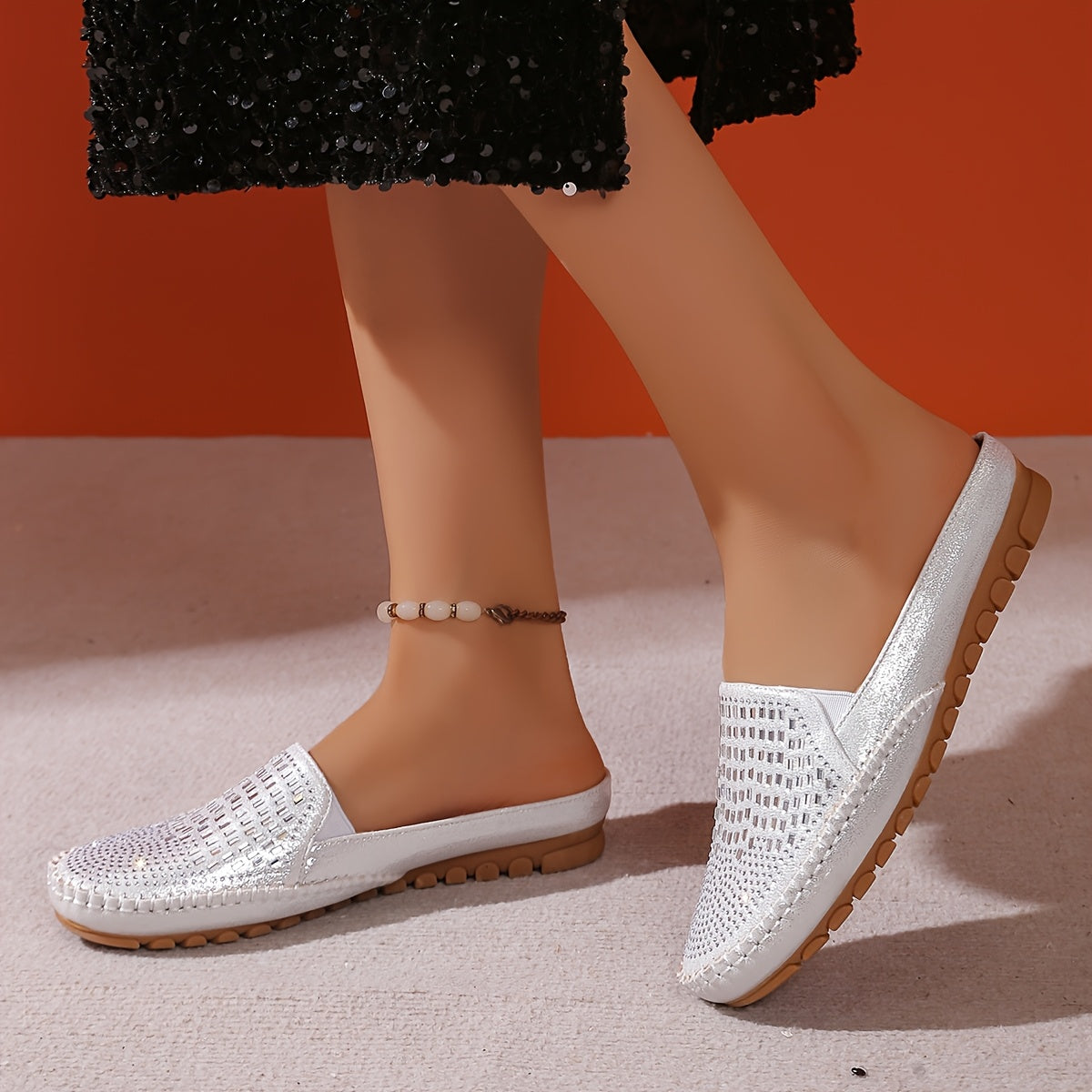 Zapatillas casuales para exteriores para mujer, zapatos planos ligeros con detalles de lentejuelas