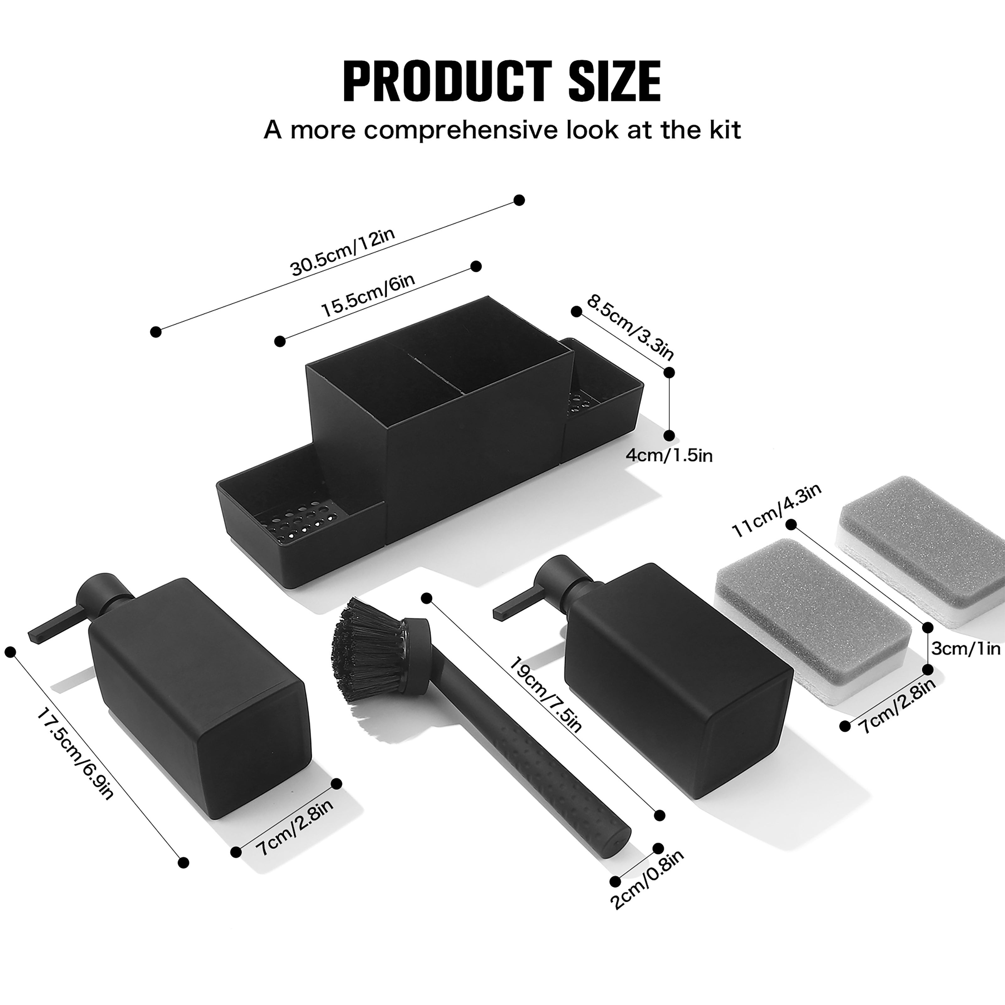 Dispensador de jabón doble negro con soporte para esponja y cepillo para platos para fregadero de cocina