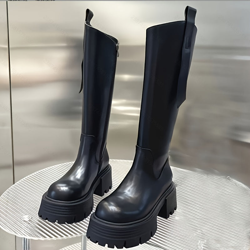 Women's Leather Chunky Heel Boots with Side Zipper and Slip-Resistant Sole