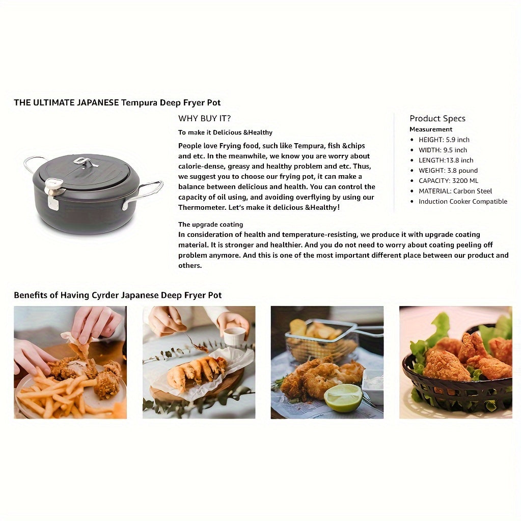 Deep Fryer Pot with Thermometer 2.3L or 3.5L Nonstick Coating for Tempura Fish Chicken