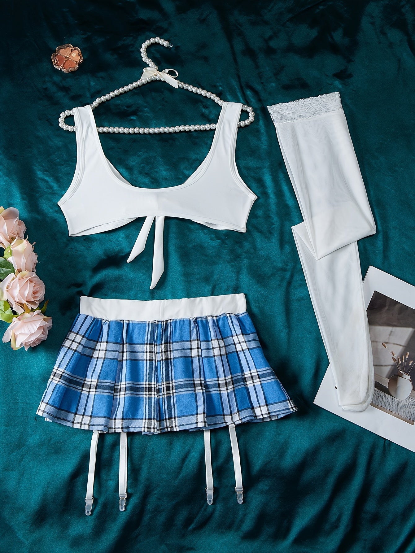 Women's Naughty Preppy Music Festival Costume Bow Top Plaid Garter Belt Lingerie