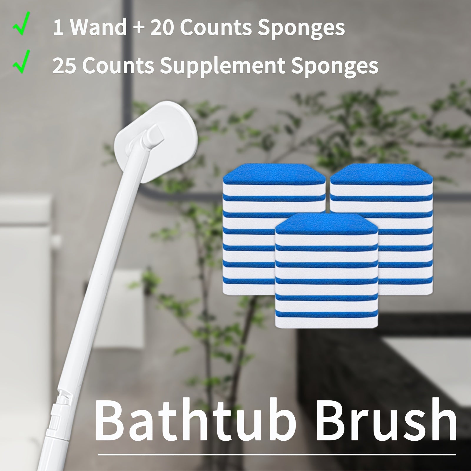 Kichik hammomni tozalash to'plami, uzoq tutqichli cho'tka va 25 ta shimgich bilan