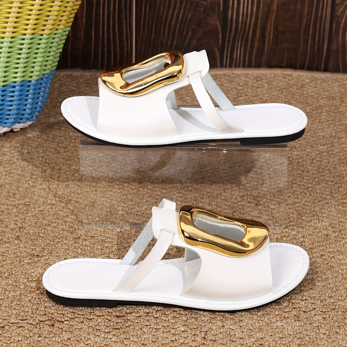 Women Large Buckle Open-Toe Shiny Casual Shoes for Summer Beach