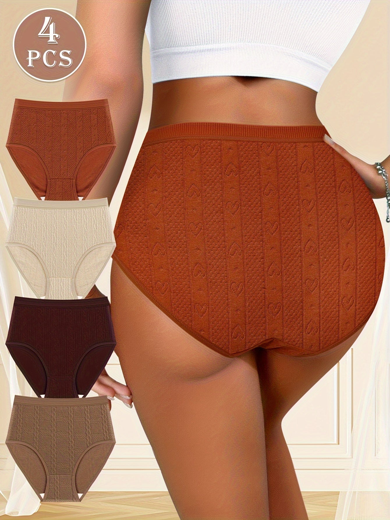 Plus Size Floral Print Low-Waist Panties 4-Pack Stretchy Polyester Blend