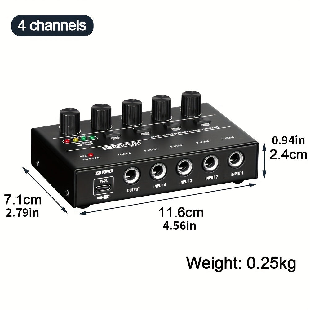 4-Channel Audio Mixer with Ultra Low Noise, Easy Operation, USB Power Supply