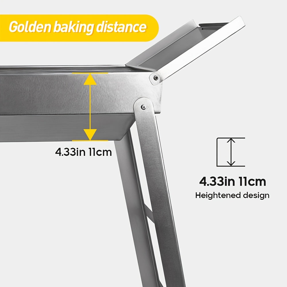 Stainless steeldan tayyorlangan portativ bukadigan barbekü grill, 23.62 dyuymli grill va ikki eshikli ziravorlar uchun idish. Qora saqlash sumkasi bilan ta'minlangan, ochiq havoda barbekü uchun 2-3 kishi uchun mos.