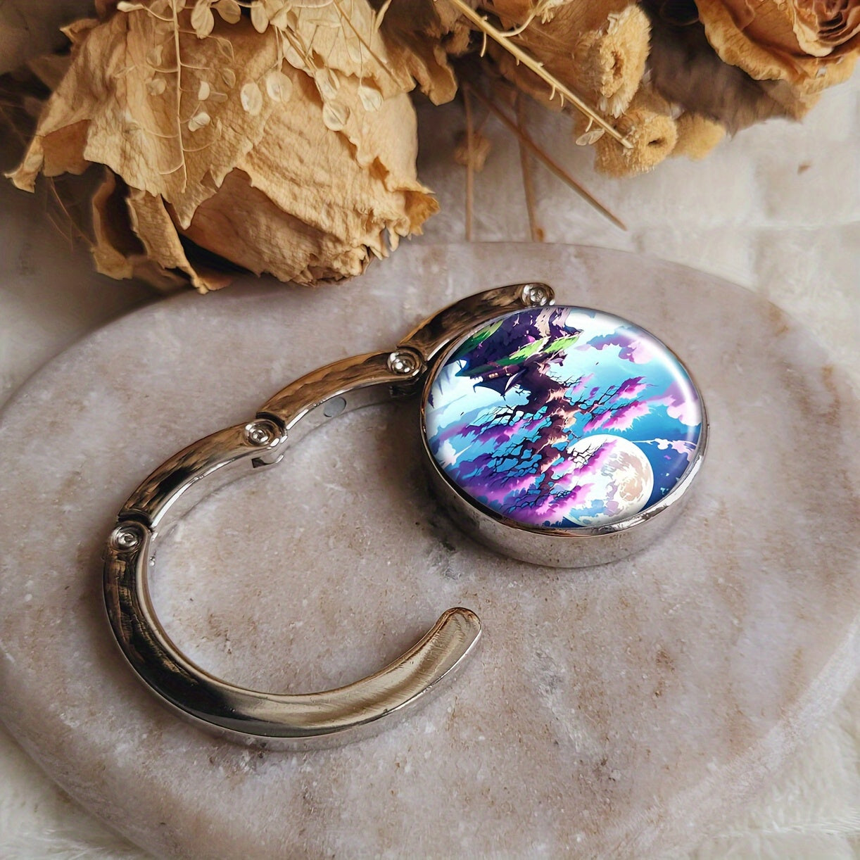 Folding Metal Purse Hanger with Cherry Blossom Tree and Moon Design Portable Handbag Hook Stylish Bag Holder