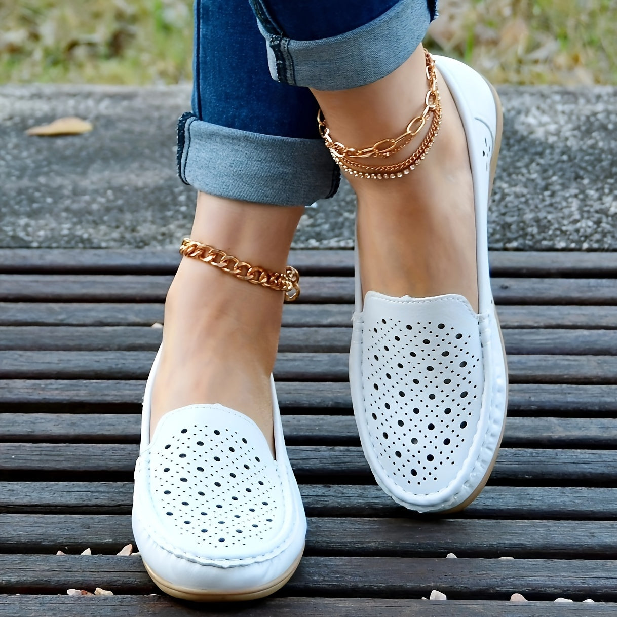 Women's White Perforated Slip-On Loafers with Non-Slip Sole and Round Toe