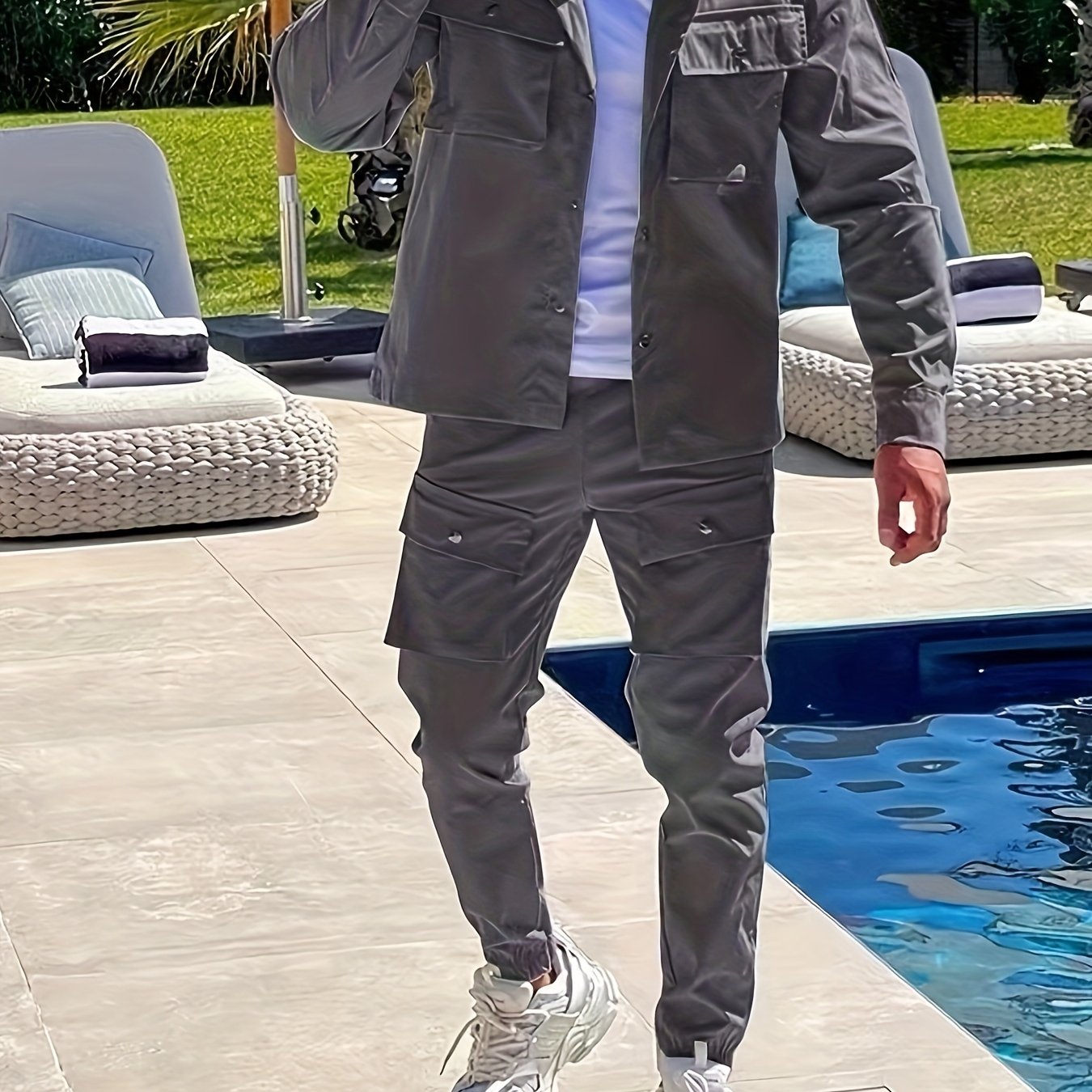 Men's Casual Outfit Set Solid Polyester Regular Fit with Pockets Machine Washable