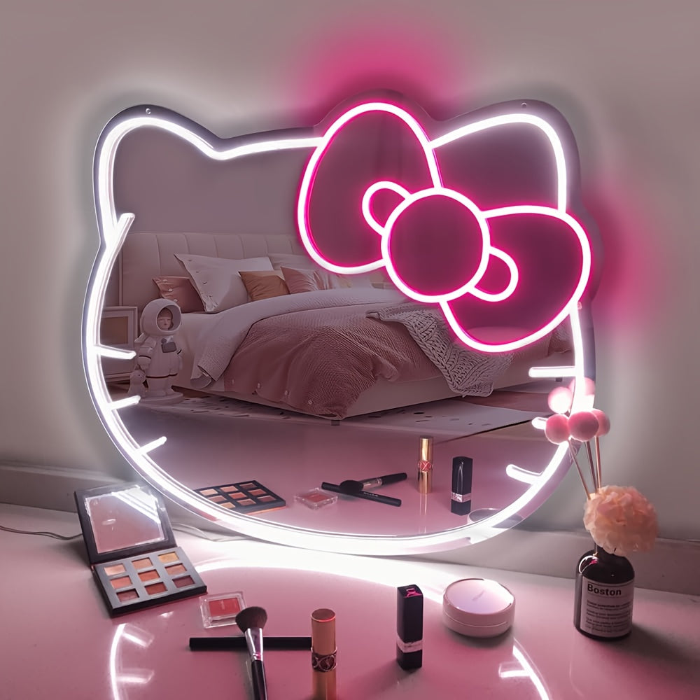 1 dona USB quvvatlangan Hello Kitty multfilm oval LED neon chiroq ko'zgu, turli xonalar uchun dimmable plastik ramka - Yorqin dekor.