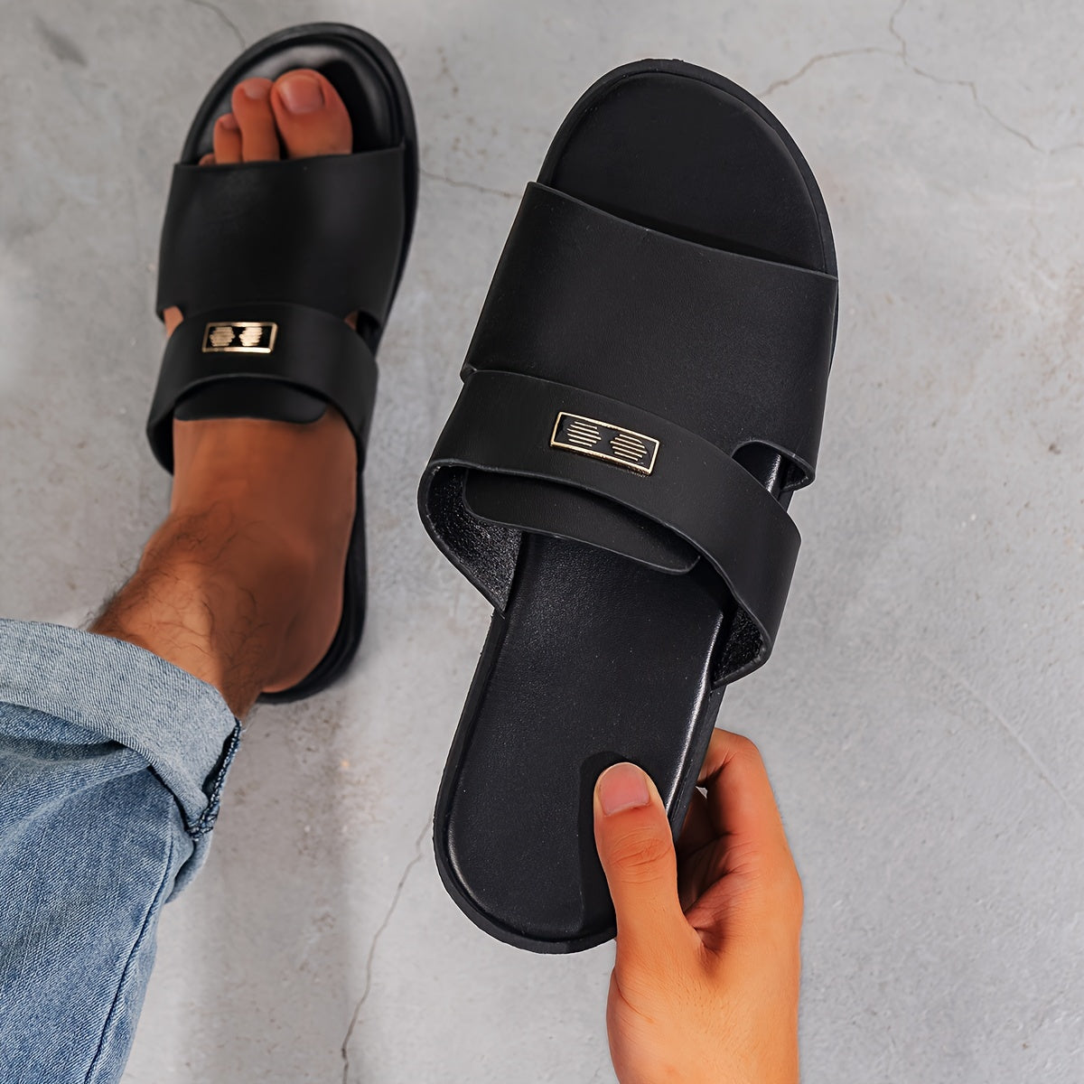 Men's All-Season Casual Faux Leather Slide Sandals with Buckle Closure and TPR Sole