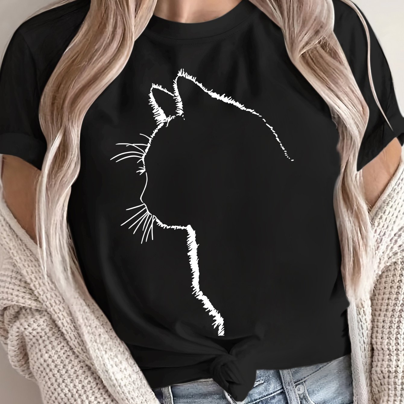 Women's Oversized Cotton Cat Graphic T-Shirt Casual Short Sleeve All-Season