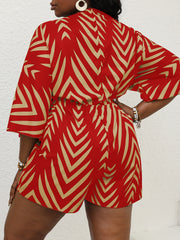 Plus Size Women's V-Neck Batwing Sleeve Jumpsuit with Belt and Zigzag Print