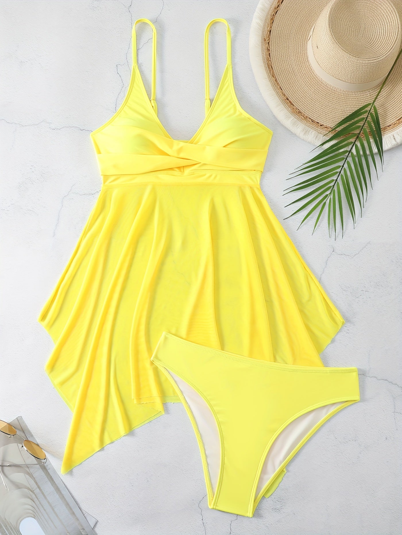 Women's Solid Color Mesh Criss-Cross Bikini Set with Spaghetti Straps for Beach and Pool