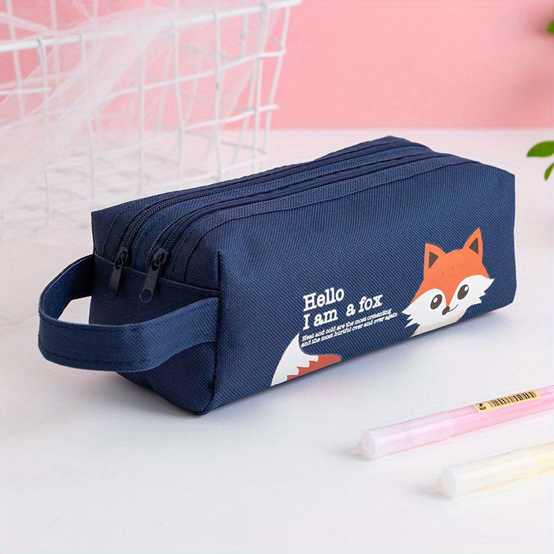 Space Astronaut Cartoon Animal Canvas Double-Layer Pencil Case for School Supplies