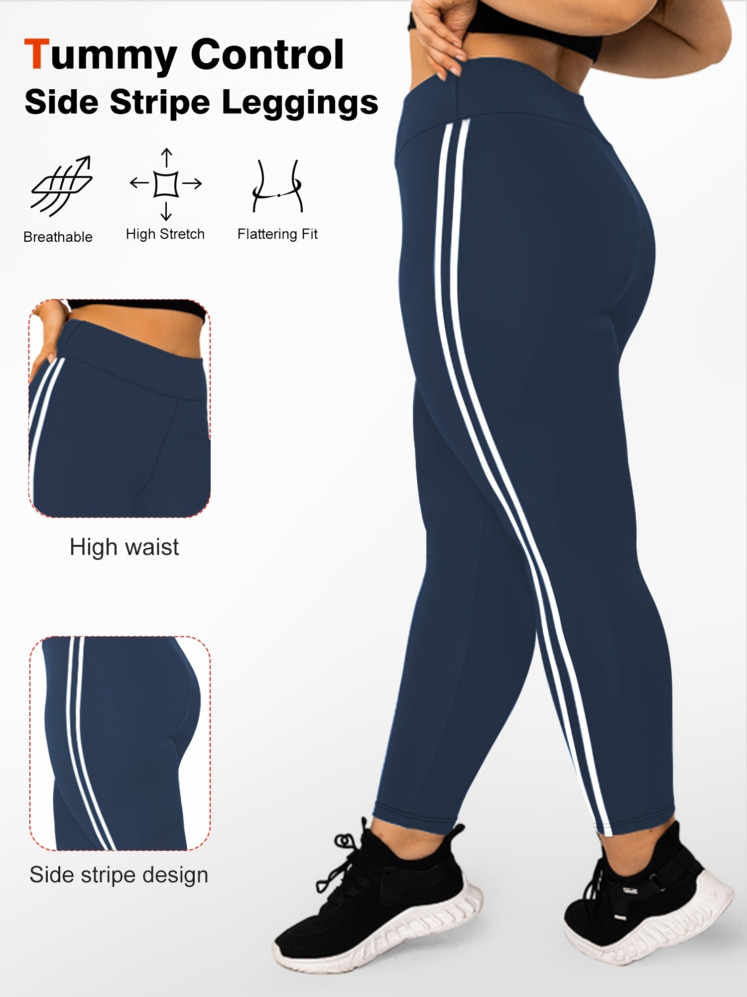 Plus Size High-Waisted Leggings 3-Pack with Side Stripes 4-Way Stretch