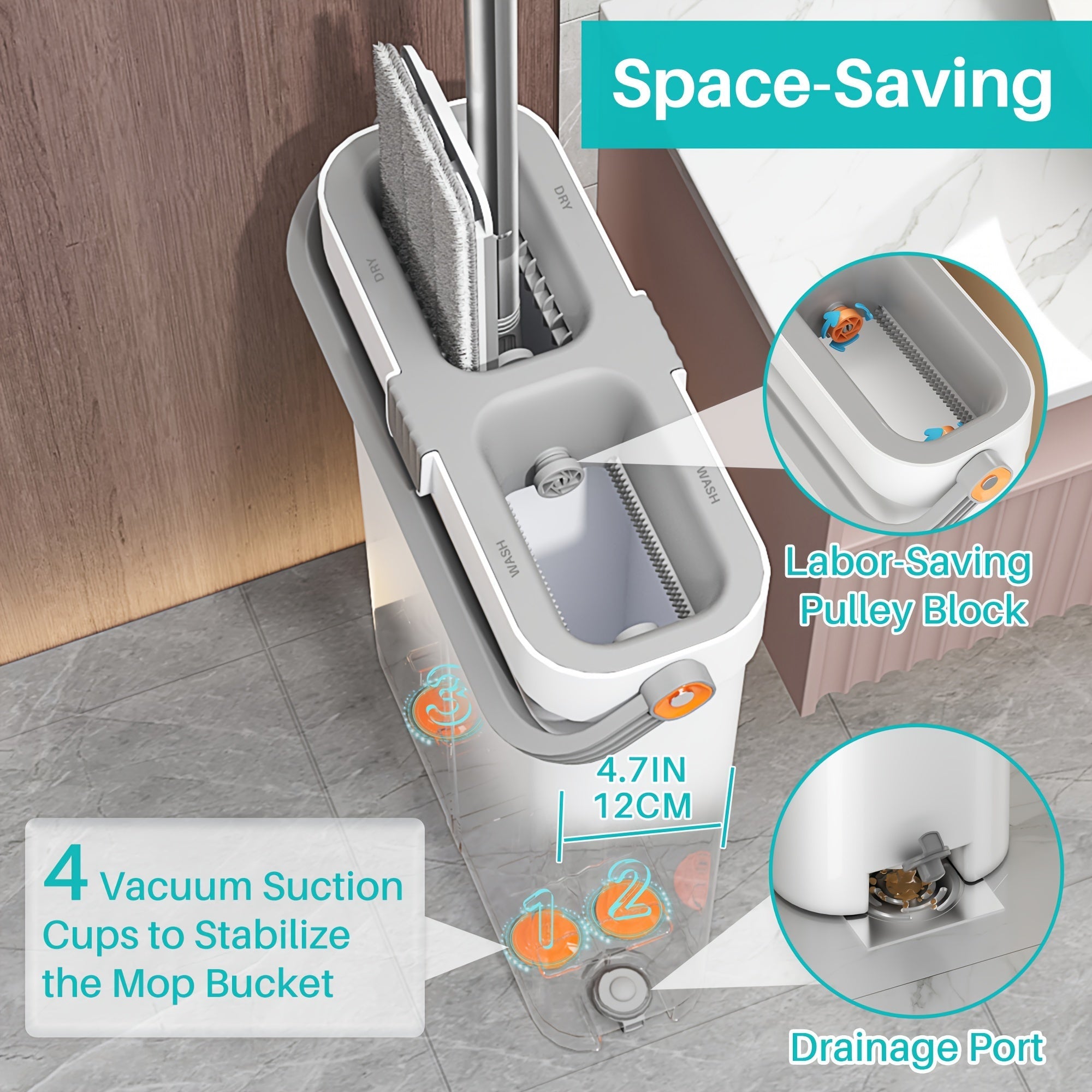 Uy uchun mop va kova to'plami, 2 ta tekis mop, 2 ta mato, qirqish, 360° buriladigan bosh bilan