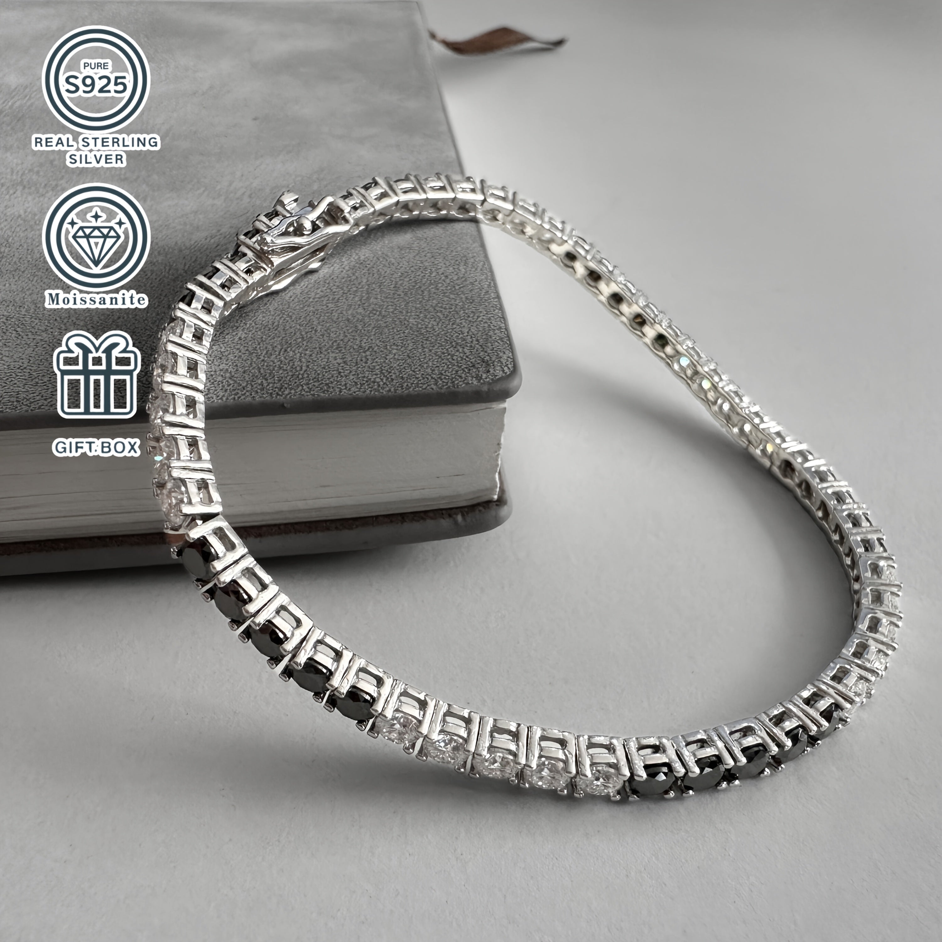 Luxury Silver Tennis Link Bracelet with Black and White Moissanite Stones 0.1 Carats for Women