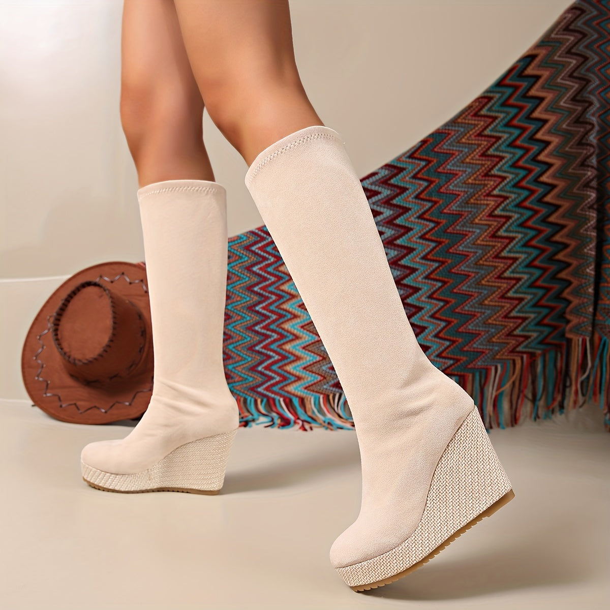 Women's Knee-High Platform Heel Boots Rubber Sole Fabric Lining