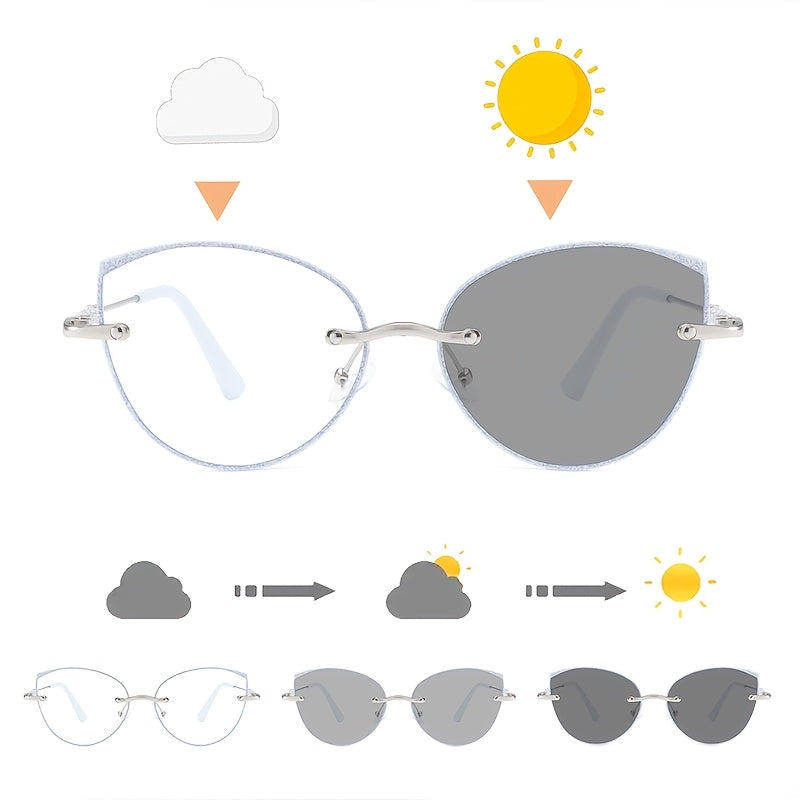 Women Cat Eye Photochromic Rimless Glasses with Blue Light Filter and Sparkling Sequins