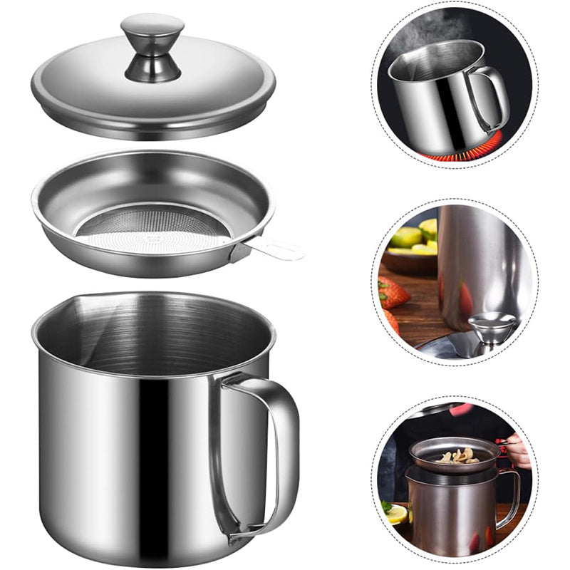 Stainless Steel Oil Storage Container with Strainer 43.96oz Kitchen Filtration Pot