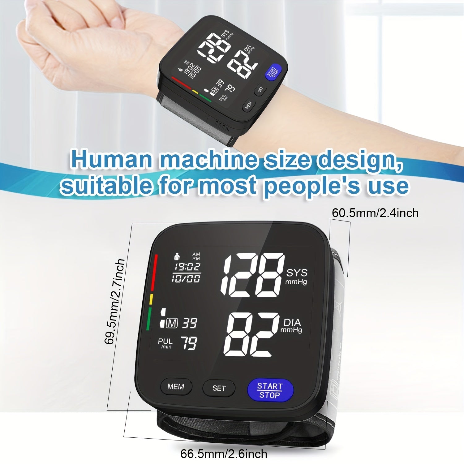 Wireless Wrist Blood Pressure Monitor Portable Digital Cuff with Memory for Two Users