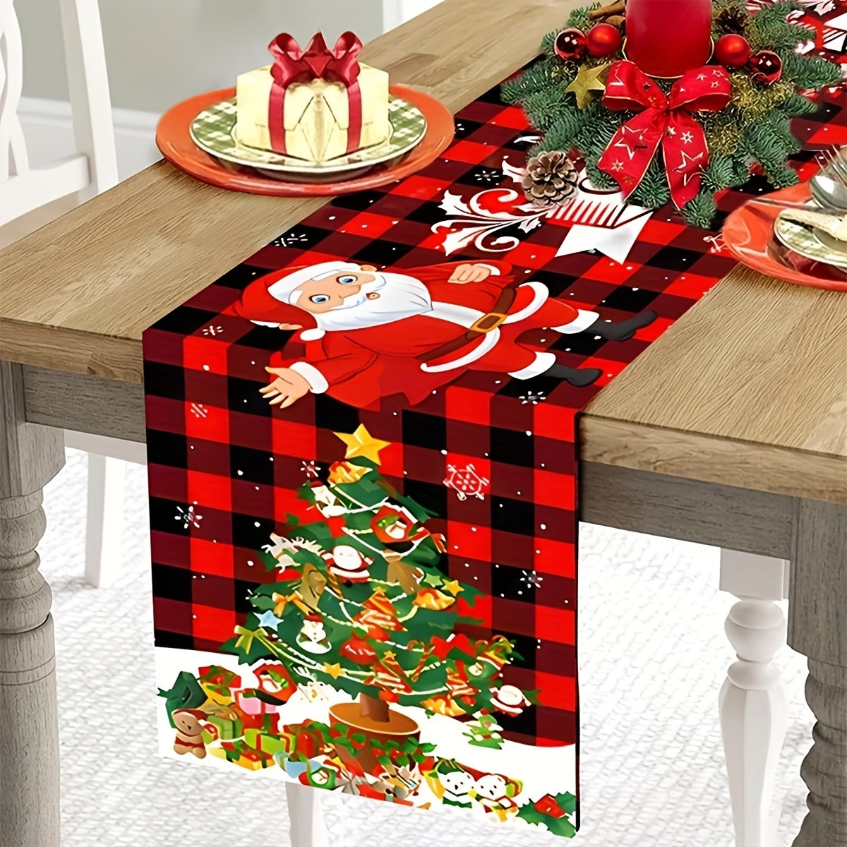 Polyester Christmas Table Runner with Santa Claus and Reindeer Design for Holiday Decor