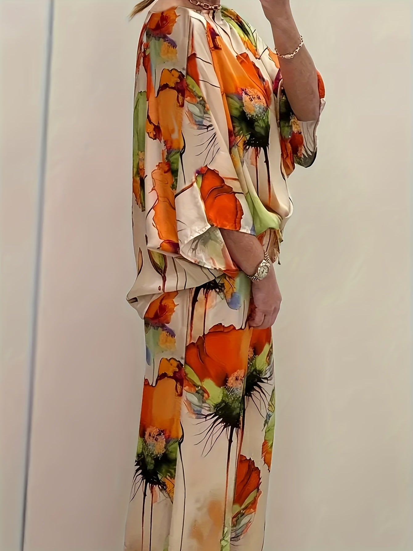 Conjunto de top y pantalones con estampado floral para mujer, poliéster, casual, primavera, verano, otoño