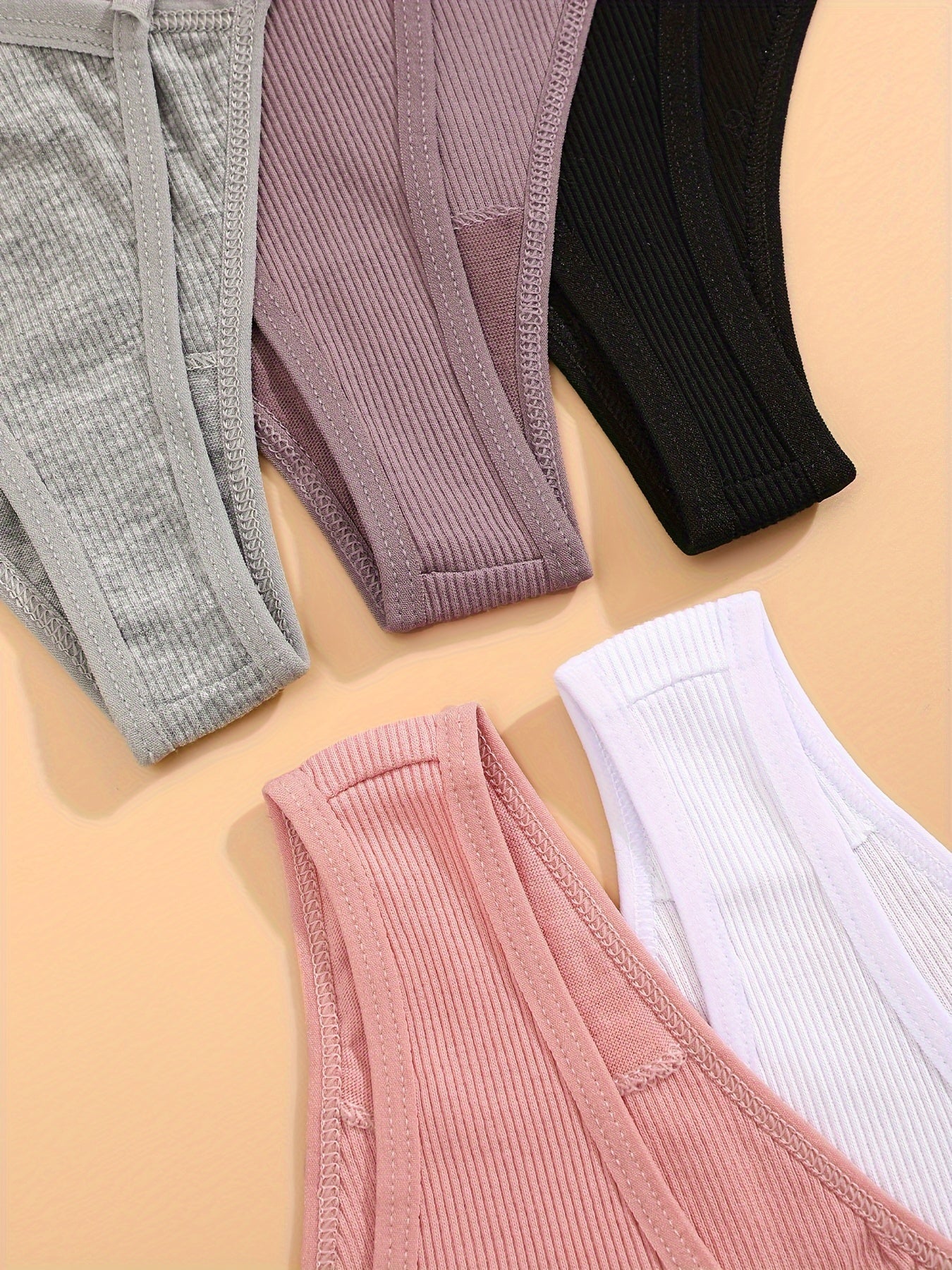 Women's Cotton Ribbed Thongs Set 5 Pieces Breathable Comfortable Stretchy