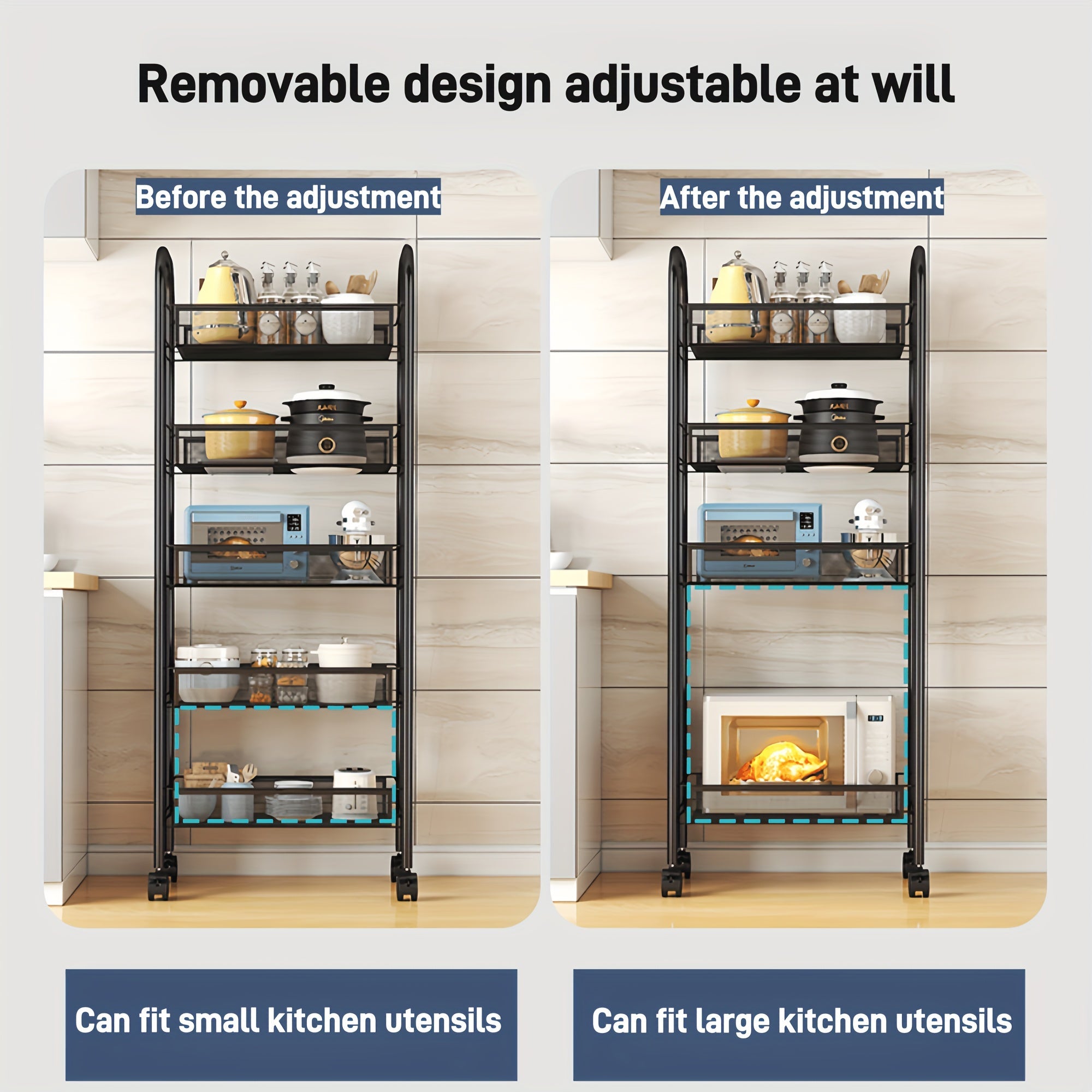 Black Mesh Rolling Wire Cart with Lockable Wheels and Metal Baskets for Kitchen Office Storage