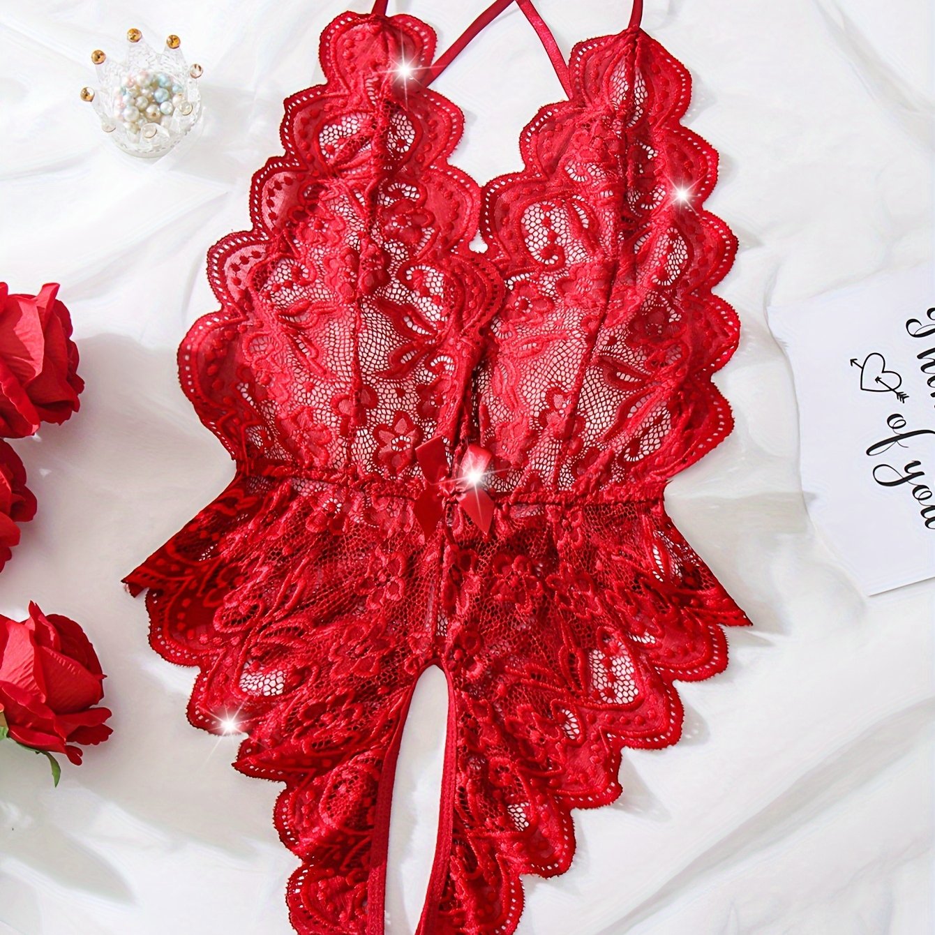 Women's Lace Bodysuit with Open Flaps and Deep V-Neck Backless Lingerie