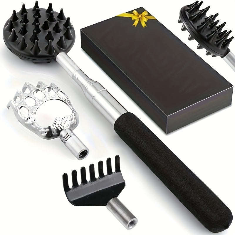 Stainless Steel Back Scratching Set with Telescopic Handles Replaceable Heads Double-Sided Scraper Metal Claws Rake for Men Women