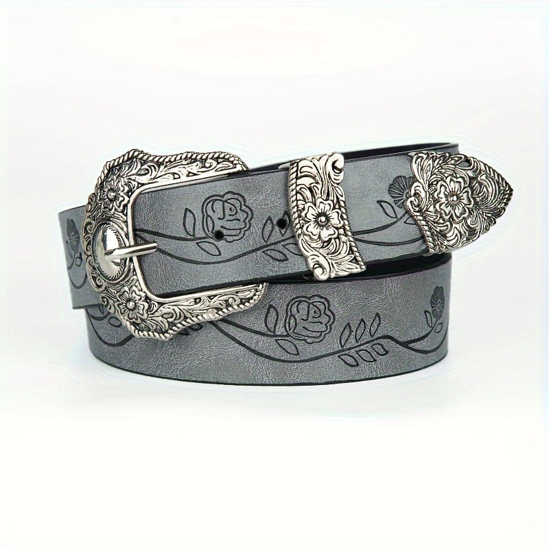 Мужской кожаный западный ремень с вырезанной квадратной цветочной пряжкой и ковбойским стилем