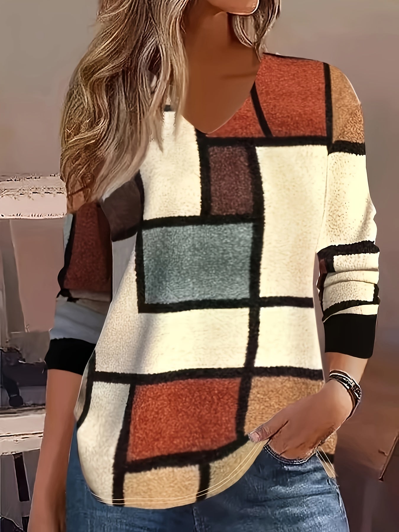 Women's Geometric Color Block V-Neck Long Sleeve Sweatshirt Plus Size Casual Warm Winter