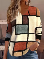 Women's Geometric Color Block V-Neck Long Sleeve Sweatshirt Plus Size Casual Warm Winter