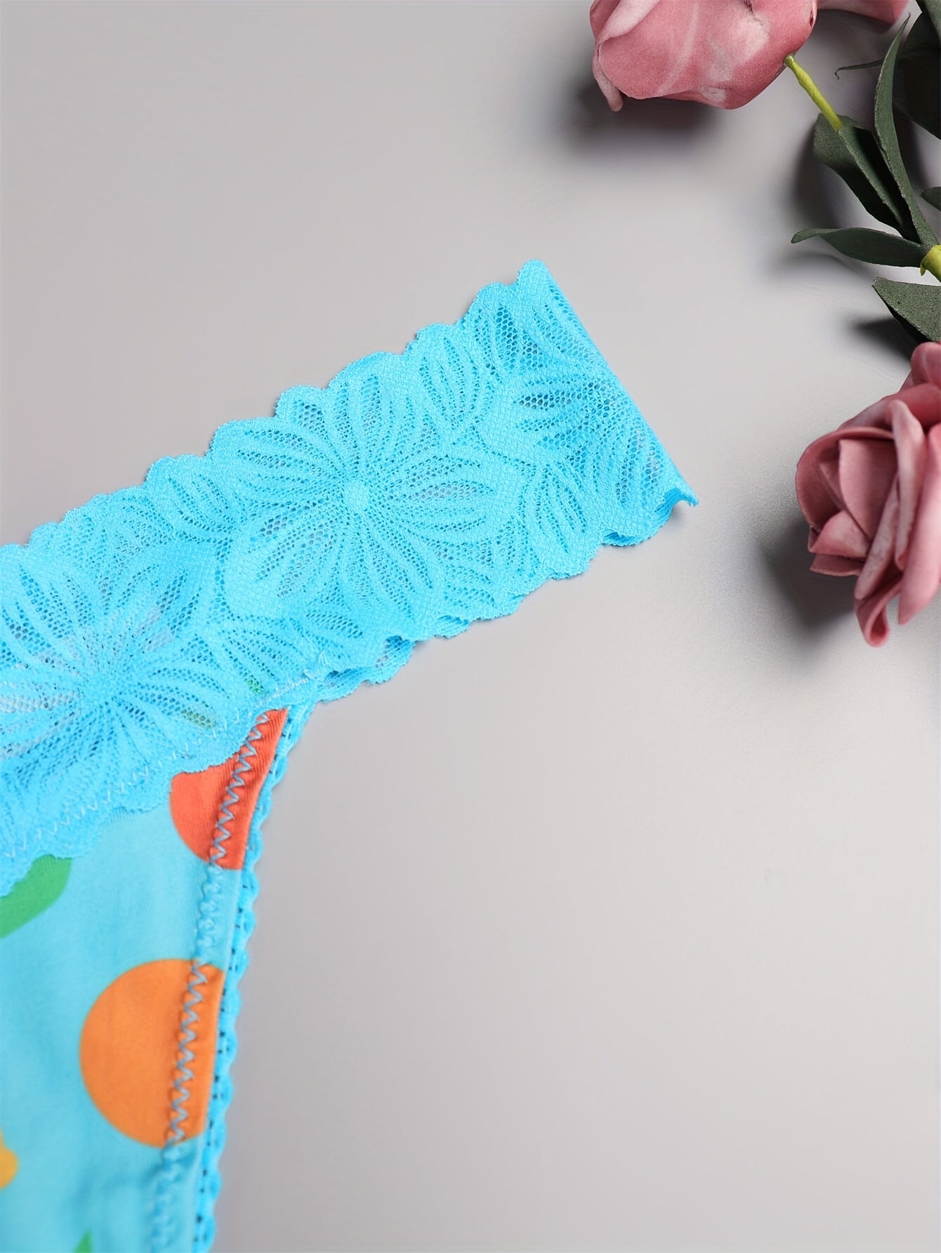 Women's Blue Fruits Print Lace Thong G-String Low Waist Lingerie