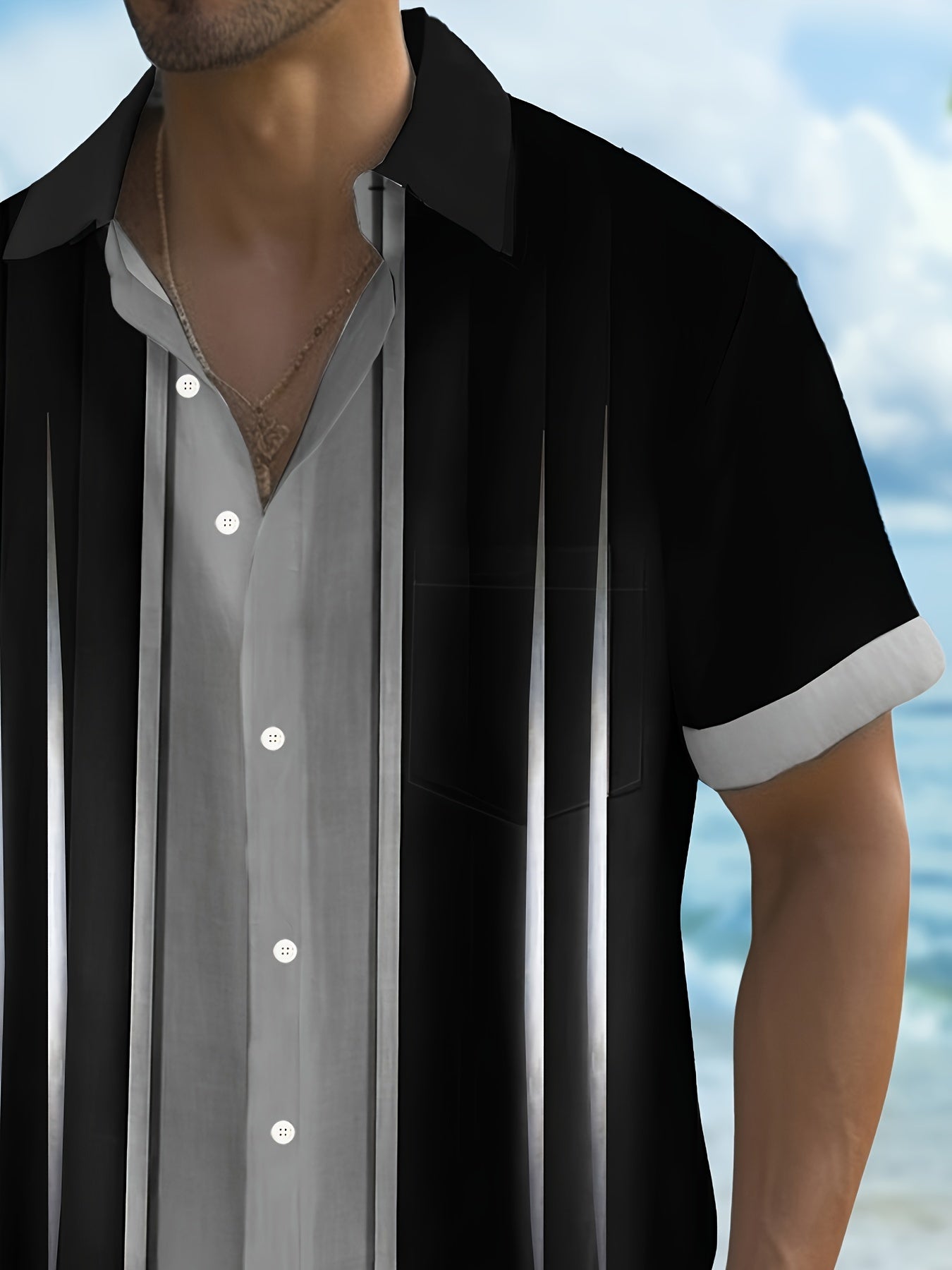 Men's Retro Bowling Shirt with Aurora Gradient Short Sleeves Button Pocket Summer Casual