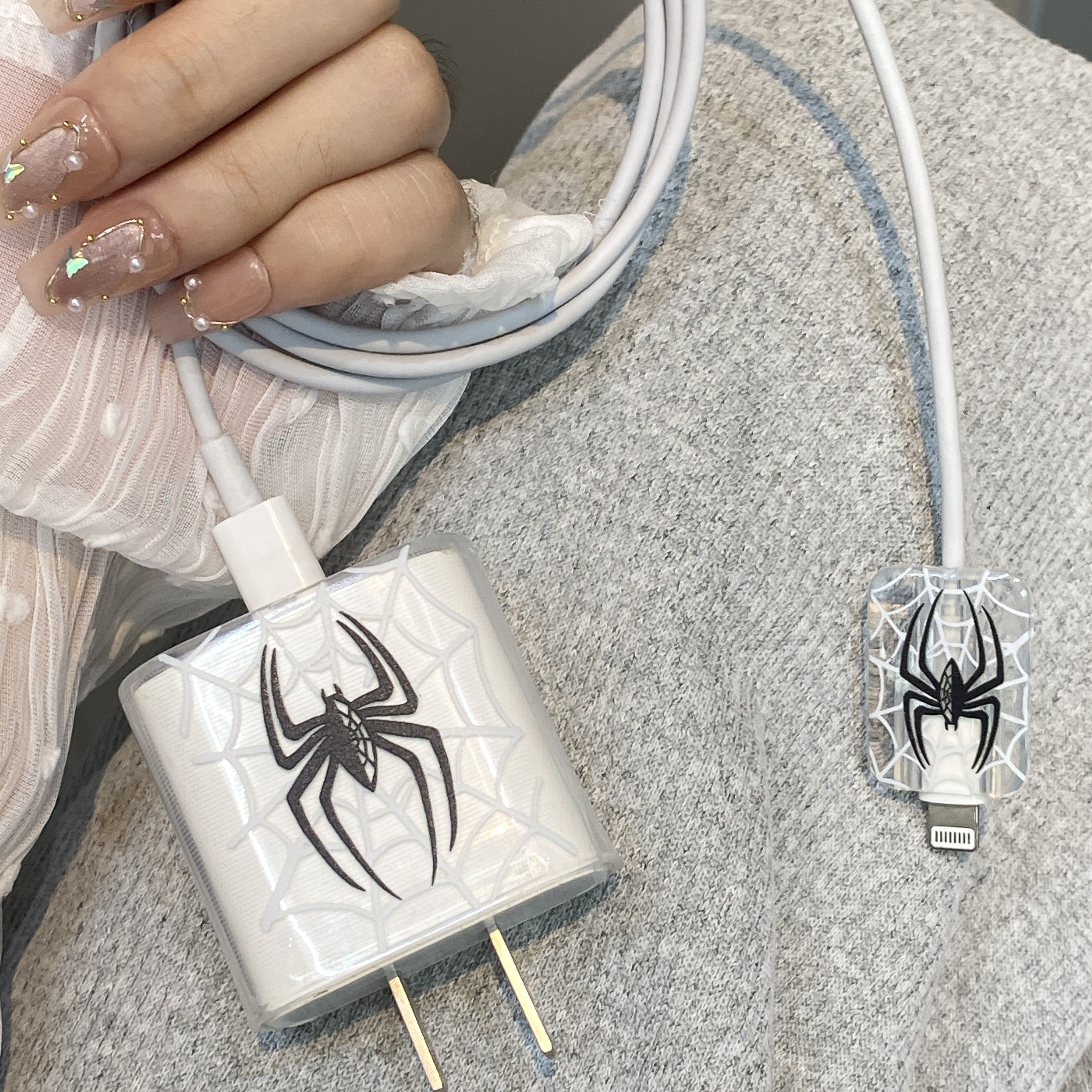 TPU Spider Pattern Charger and Cable Protector Set for iPhone 20W Adapter Durable Port Cover