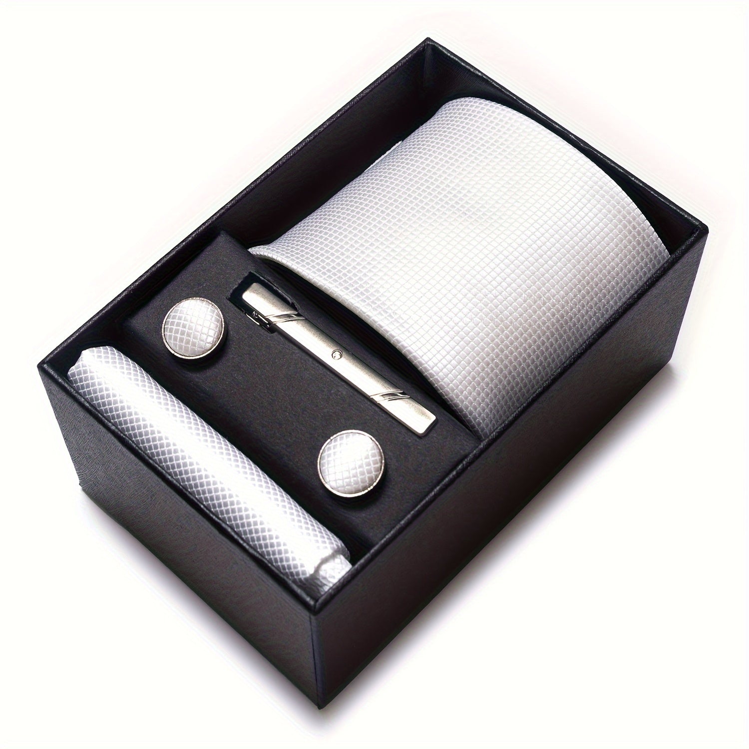 Men's Solid Color Tie Set with Square Cufflinks Gift Box for Wedding Business and Holiday